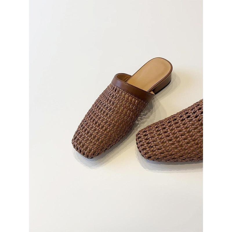 Simple hand-woven hollowed-out one-pedal bag head shoes, women's low heels, comfortable and cool slippers