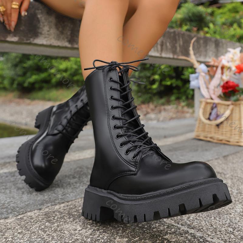 Fashion Comemore Fashion Black PU Leather Mid Calf Boots Women Thick Sole Black Boots Woman Autumn Winter Lace Up Platform Botas Mujer
