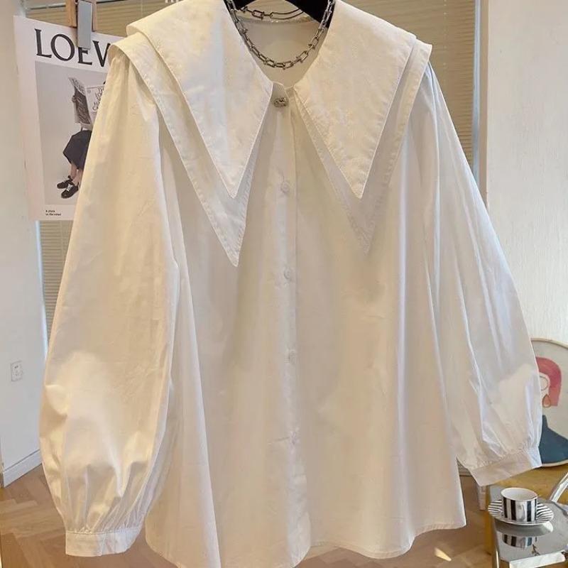 Plus Size Autumn Long Sleeve Loose Doll Collar Shirt For Women
