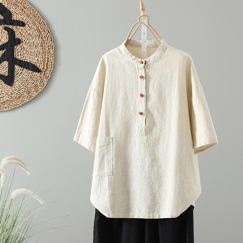 

Женская рубашка-пуловер с воротником-стойкой и пуговицами, лето 2025, повседневная однотонная рубашка из хлопка и льна M