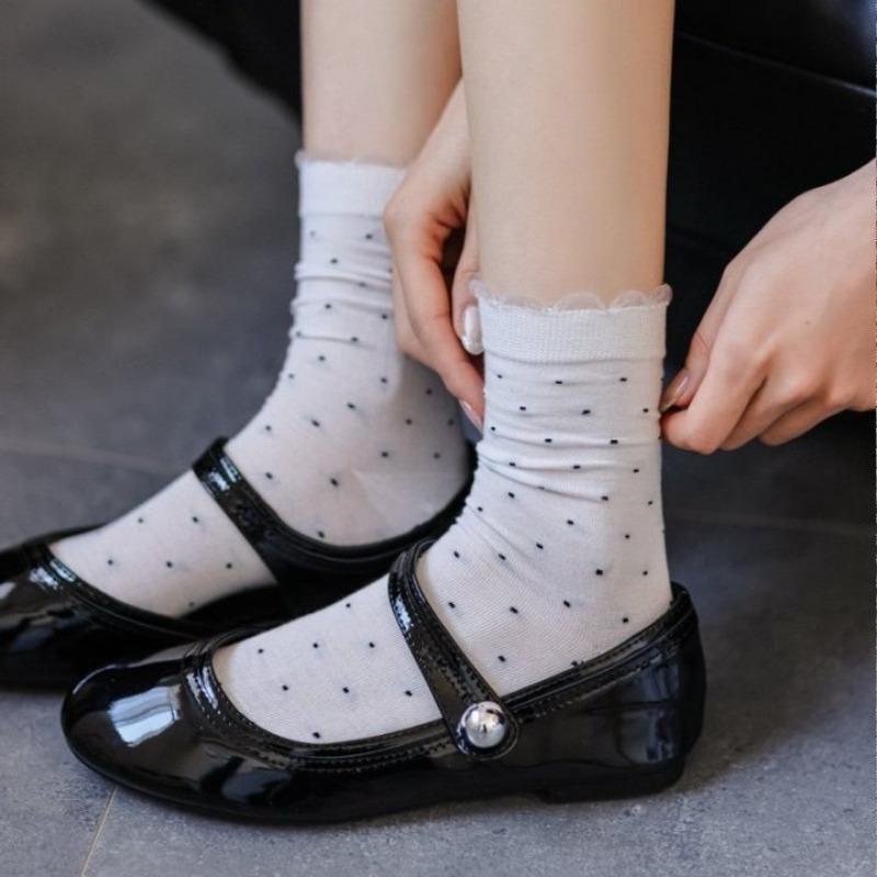 Women's Spring and Summer New Simple and Versatile Wave Dot Lace Boneless Cotton Tube Pile Socks