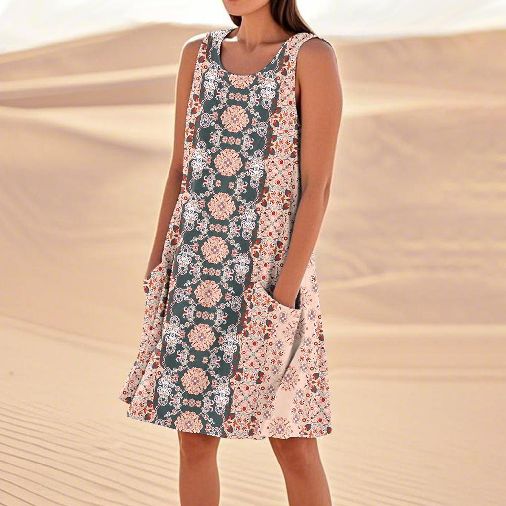 Sommerkleider für Damen, lockerer Strandurlaub, lässig, ärmellos, Sommerkleider mit Taschen, Tankkleid