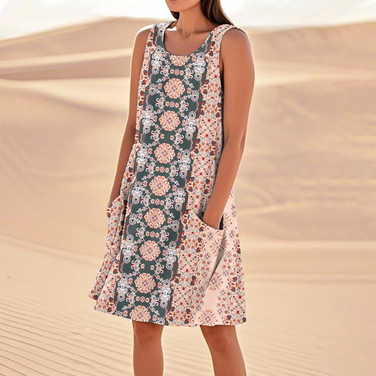 

Летние платья для женщин, свободные пляжные повседневные сарафаны без рукавов с карманами, платье-майка M бежевый