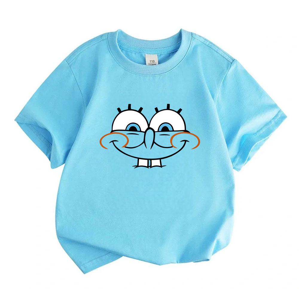 Kids Boys Girls 100% Cotton Crew Neck Short Sleeve T-Shirt, Cute Cartoon Smiling Big Eyes Funny Casual Soft Breathable Tee for Daily Play Lightweight