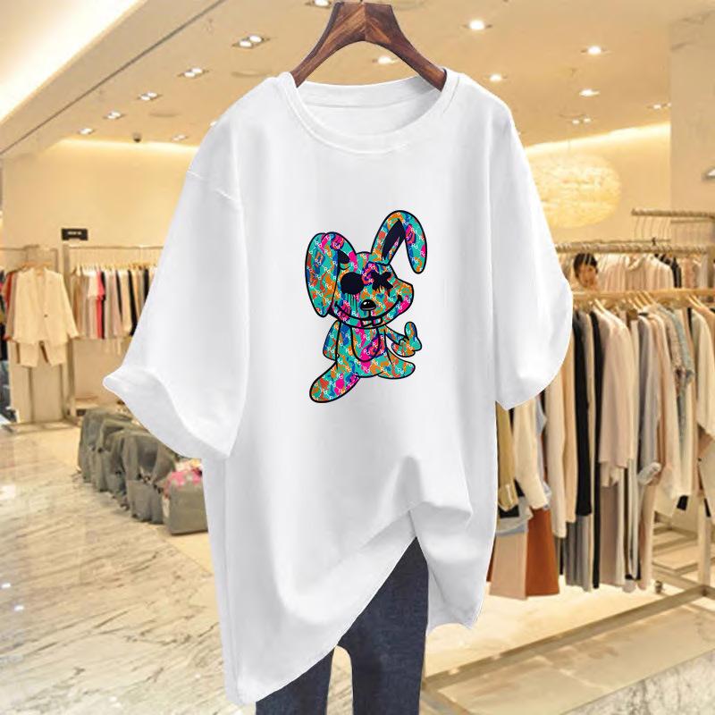

Spot Women s Rabbit Printing Loose Crew Neck Short Sleeve T-Shirt Women s Summer New Top Bottom Shirt S