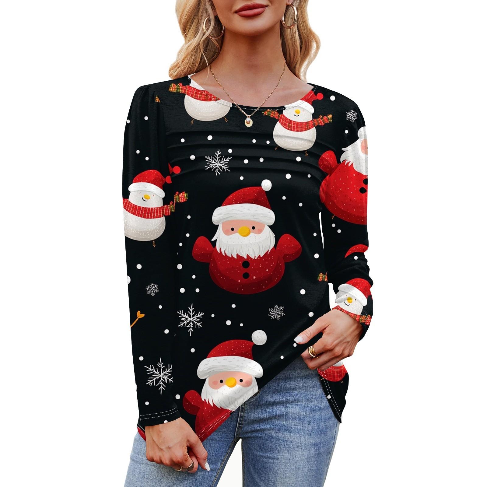 

Женская футболка с круглым вырезом и длинными рукавами с принтом рождественской елки и снежинки M чёрный