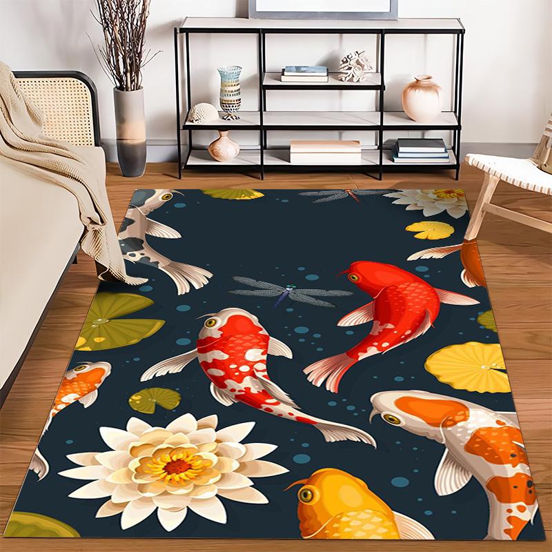 Colorful Koi Fish and Lotus Flower Print Carpet for Living Room Decor Suitable for use as an anti-slip for living room bedroom sofas