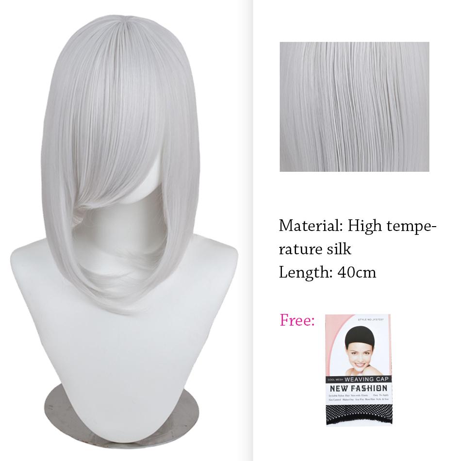 40cm Anime Synthetic White Purple Cosplay Wigs Short Green Hair Straight Silver Wig Pink Hairpiece Short Wig with Bangs
