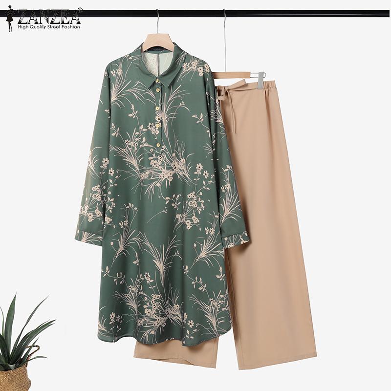 ZANZEA Lässiges zweiteiliges Anzug-Set für Damen mit langer Bluse und Hose im Print