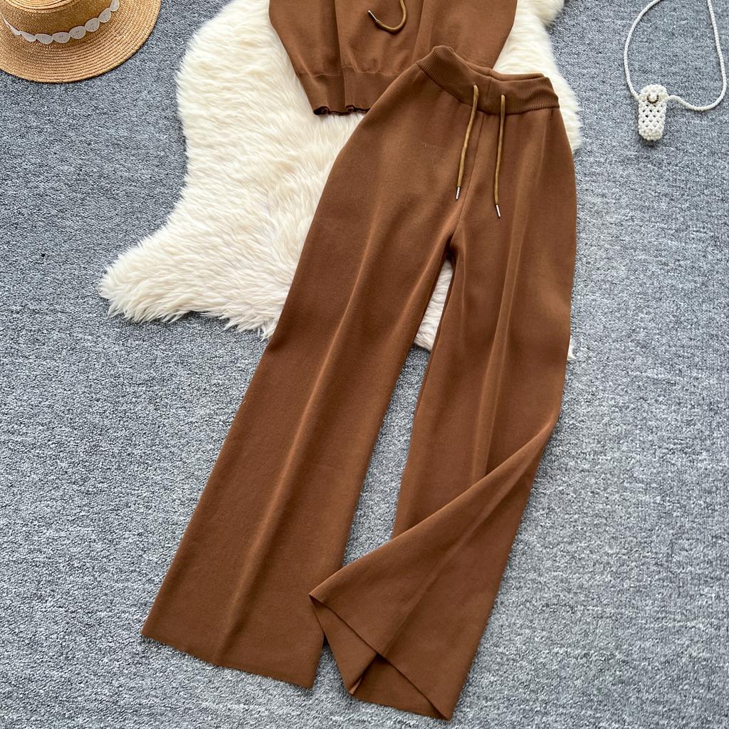 Summer Women Drawstring Knitted Sweater Trouser Two Piece Set Short Sleeve Zipper Pullover Tops and Wide Leg Pant Suit