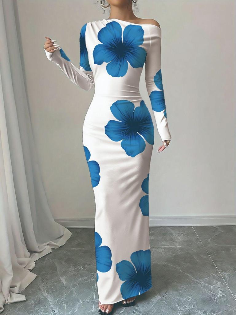 Off-Shoulder Maxi Dress with Asymmetric Neckline and Floral Print, Available In Multiple Colors