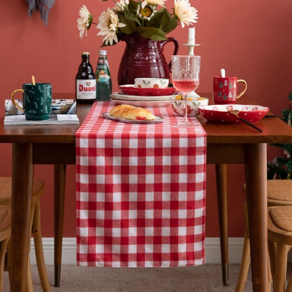 Home Linen Gingham Check Table Runner Cotton&Line Red Burgundy Checkered Table Runner Kitchen Dining Table Decoration Cover Perfect for Home Kitchen