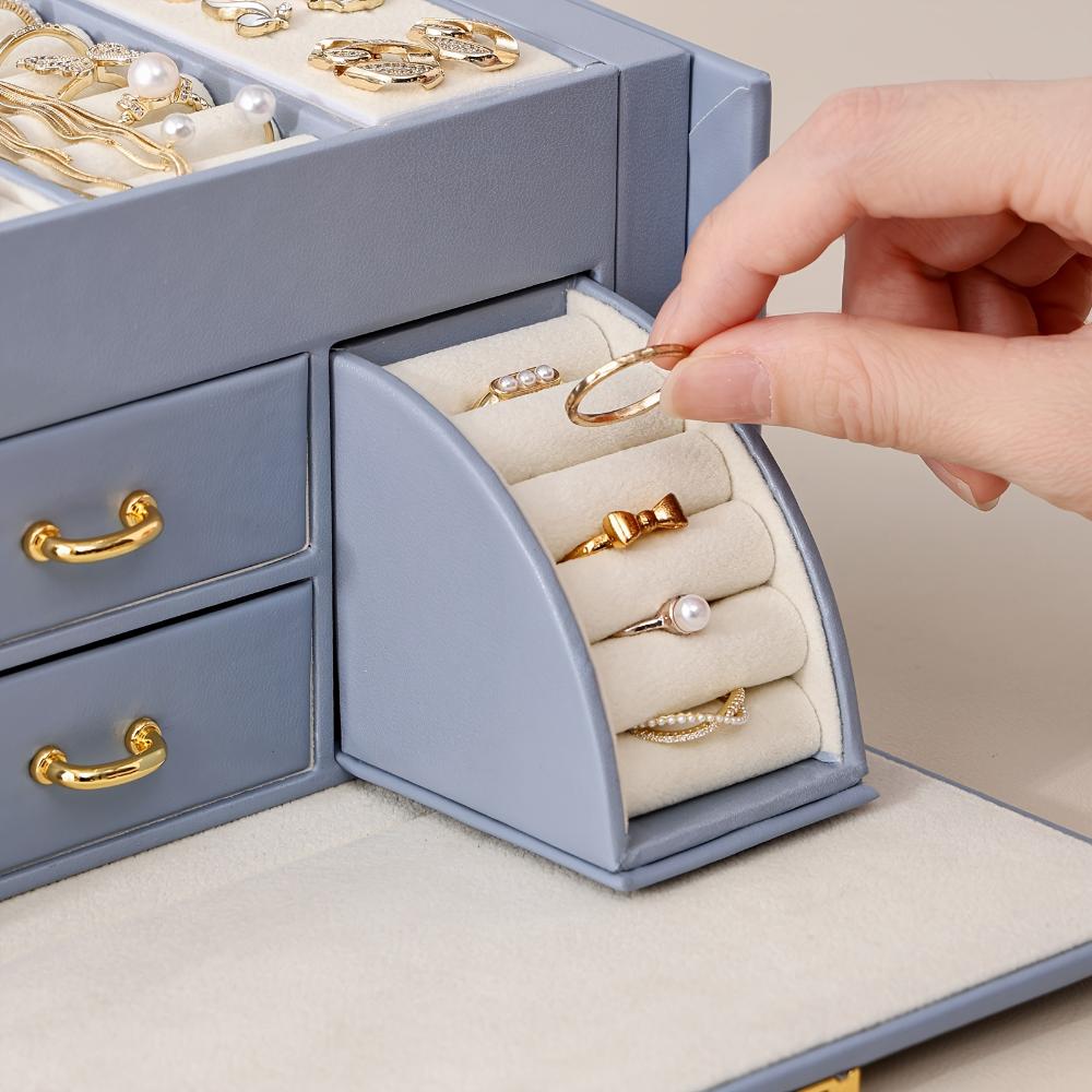 Faux Leather Jewelry Box Waterproof Storage Box with Mirror Double Drawer Fit Necklace Ring Earrings Watch and Hair Accessories