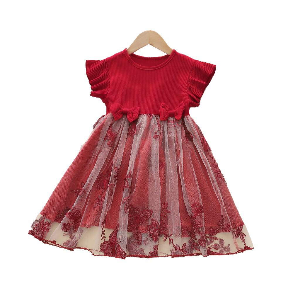 Korean Baby Girls' Butterfly Embroidery Flutter Sleeve Red Mesh Knit Dress
