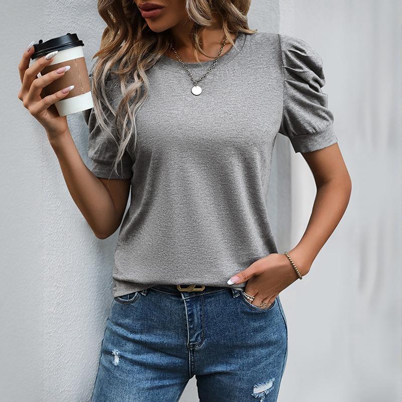 Summer Casual Puff Short Sleeve Women T-shirt O Neck Simple Office Ladies Fashion Elegant Women's Top Solid Color Basic Simple Shirt