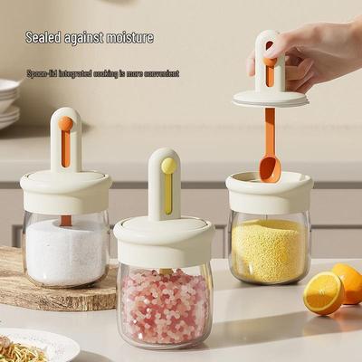 Retractable Seasoning Jar with Integrated Spoon and Sealed Lid - Moisture-proof Glass Salt Bottle for Kitchen Use