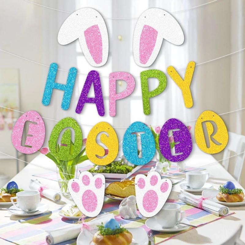 1-10Sets Easter Banner Happy Easter Bunny Bunting Party Background Wall Decorations Festive Garland Hanging Supplies