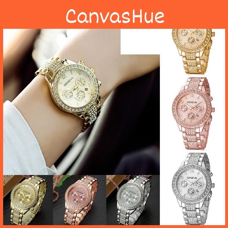 Mens Business Casual Watch With Geneva Inlaid Diamond Steel Strap And Fake Three-eye Calendar Function Quartz Movement Water Resistant 10mm Thickness