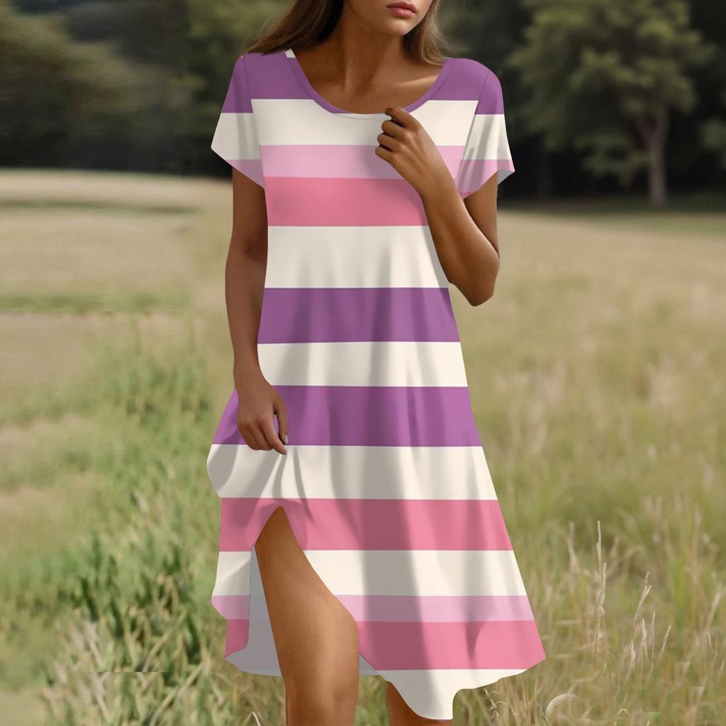 Women's Fashionable Casual V-neck Short-sleeved Tie Striped Print Dress