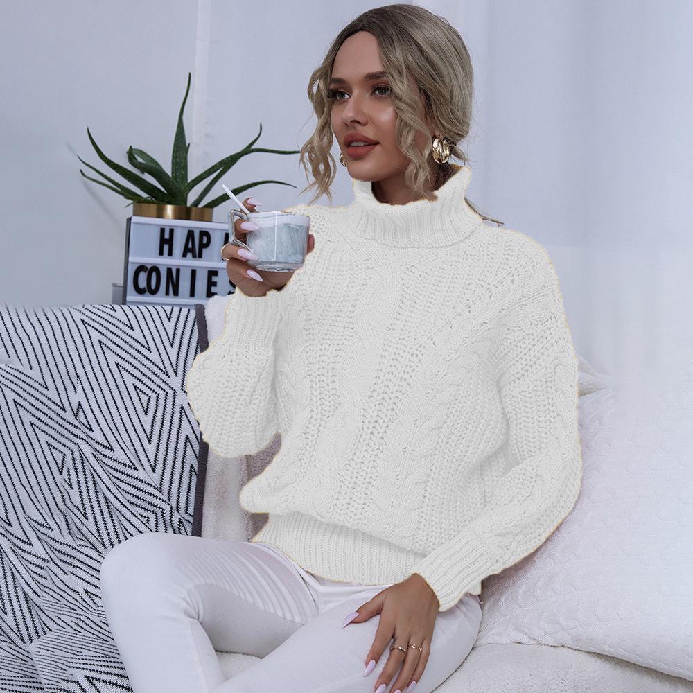 European & American Style Solid Color Cable Knit Turtleneck Sweater - Versatile Autumn/Winter Pullover