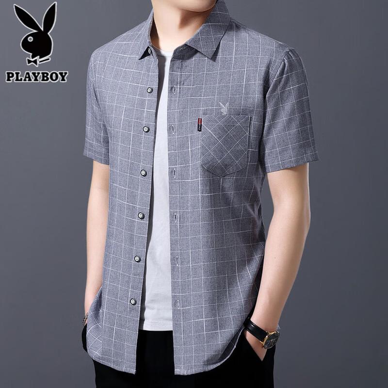 PLAYBOY Men s Wrinkle-Free Plaid Short-Sleeve Shirt XXL темно-серого