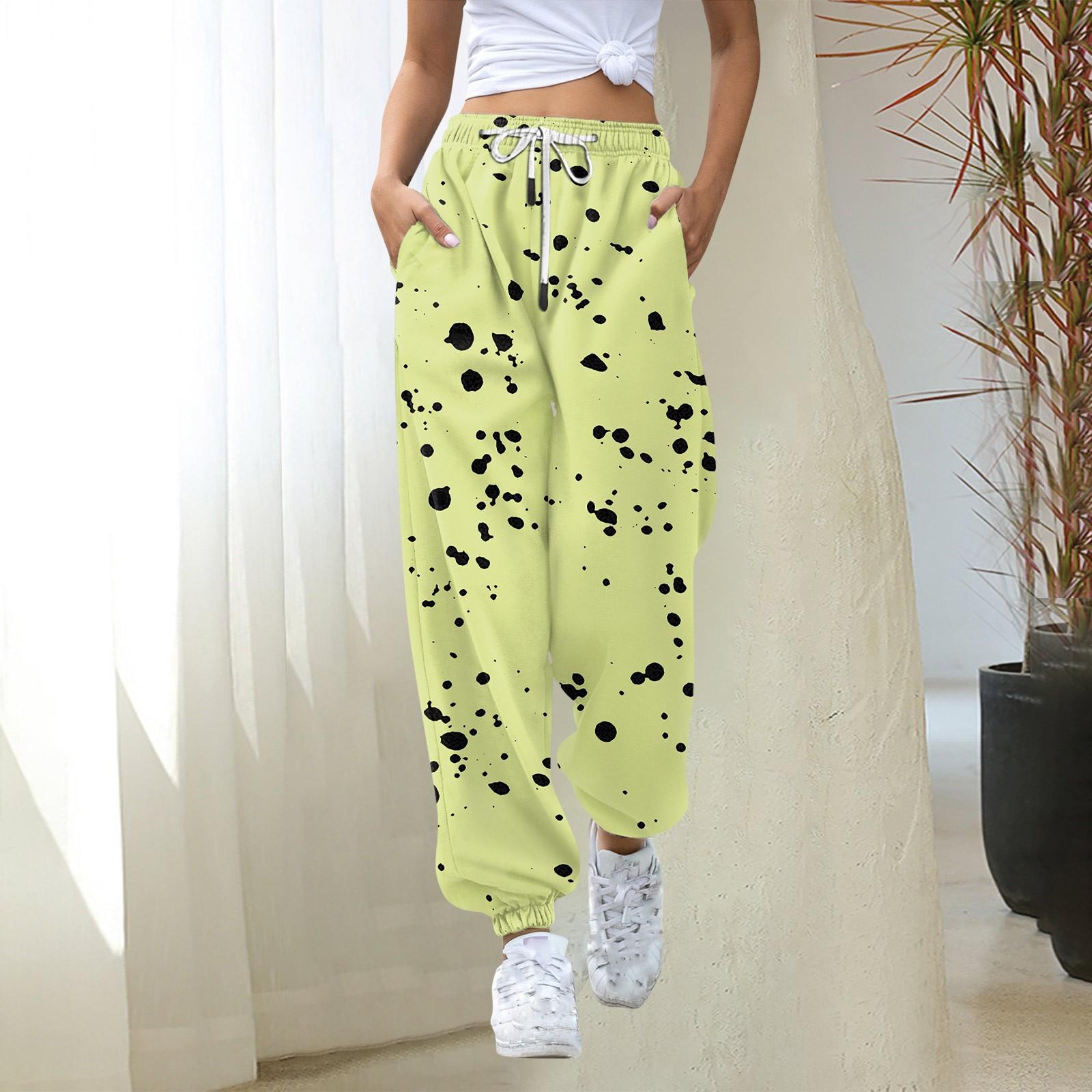 

Жіночі весняно-осінні штани з принтом у плямисті ретро з високою талією та кишенями XL жовтий