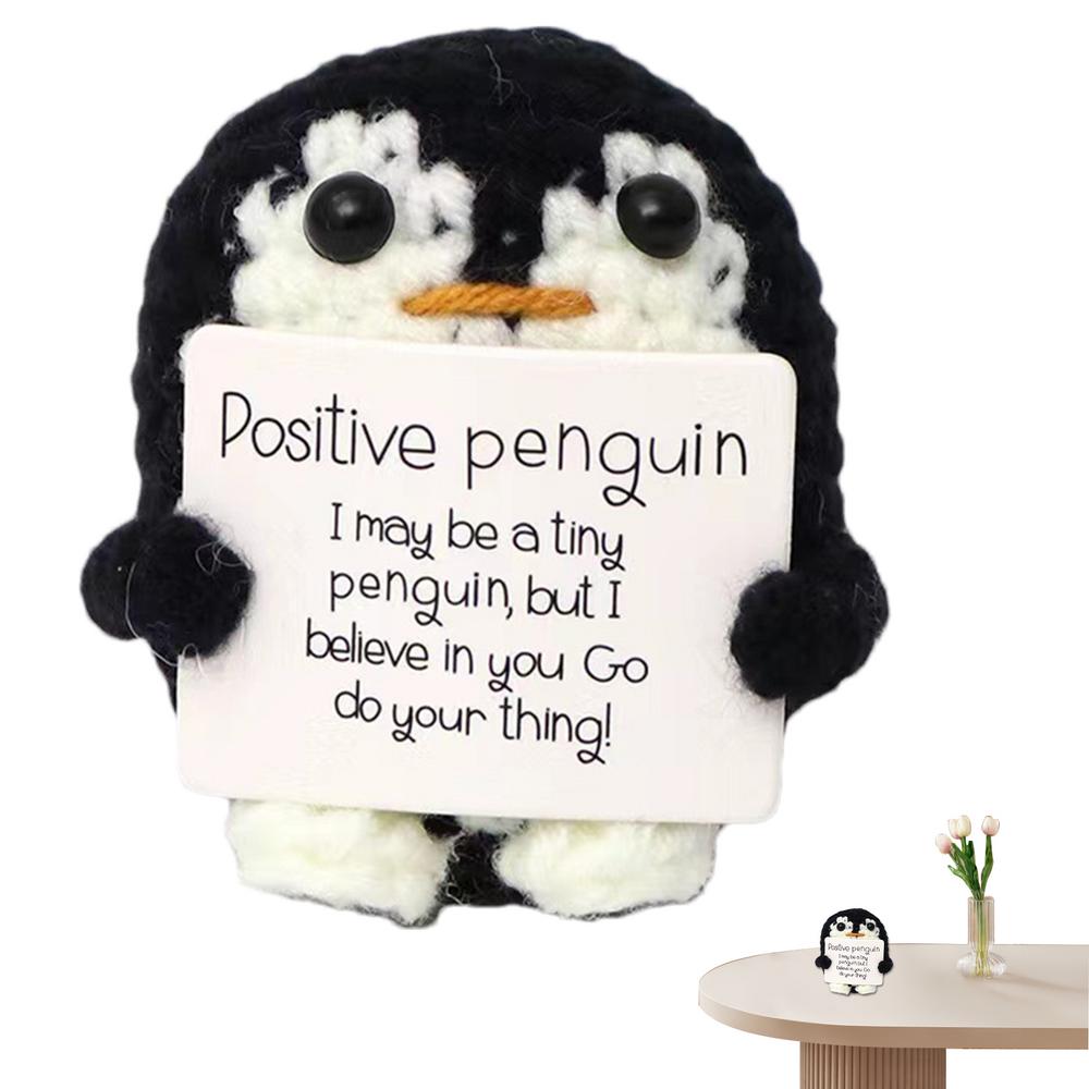 Knitted Penguin Crochet Penguin Doll With Positive Card Crochet Doll Collectible Doll Cute Mini Penguin For Mother's Day Home
