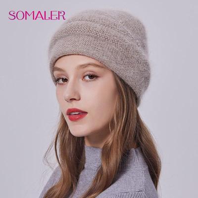 Winter-Angora-Wollstrickmütze für alte Frauen, Damen, elegante Strickmützen, dicke, warme Kaschmirwolle, Totenkopfmützen mit künstlichen Perlen