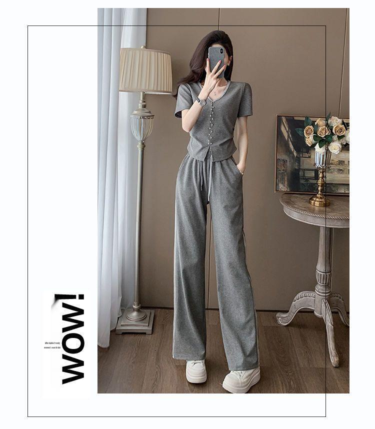 Women's Summer Casual Two-Piece Set: Stylish Korean Short Sleeve Top & Wide Leg Pants