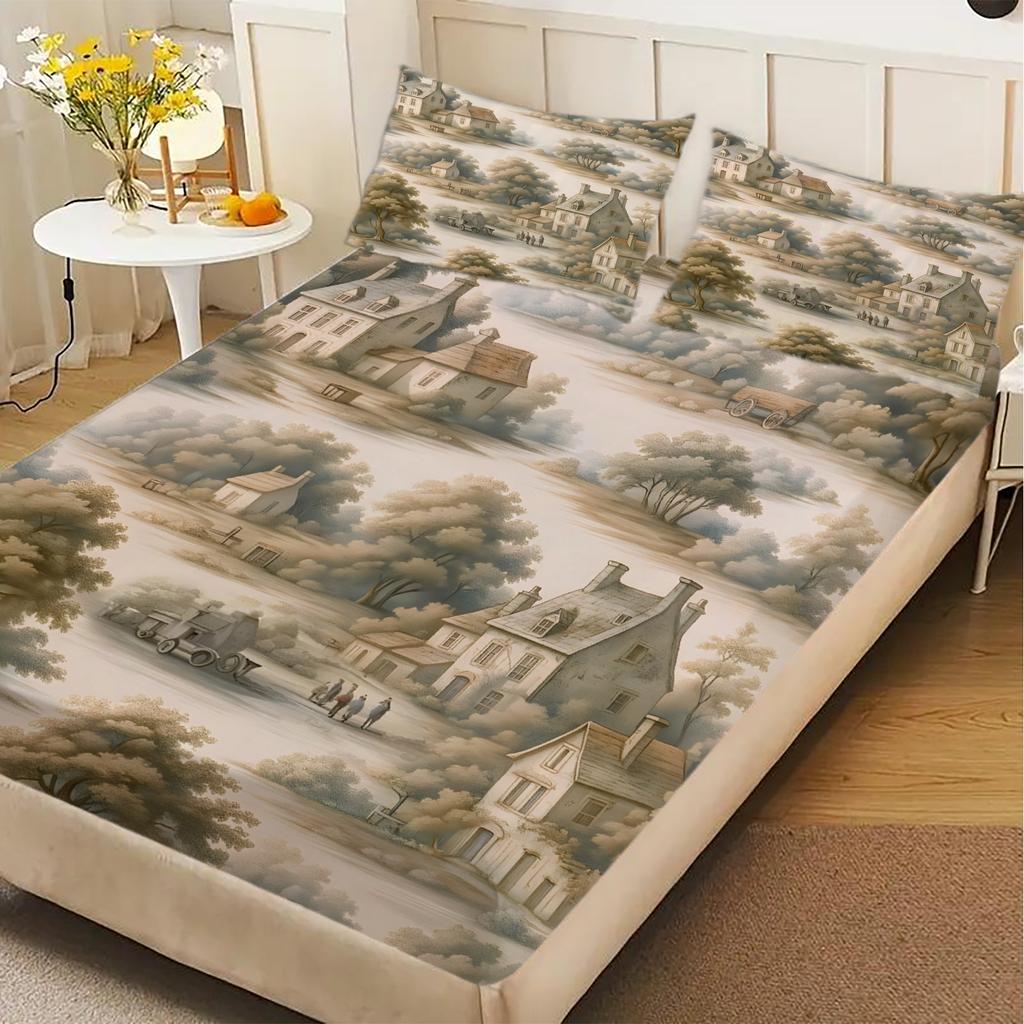 Fitted Sheet Set Chinese Classical Painting 3D Print 100% Microfiber Mattress Covers Breathable Bedding Set With 2 Pillowcases