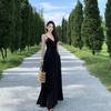 French retro suspender V-neck dress, new high-end black thin polka dot dress