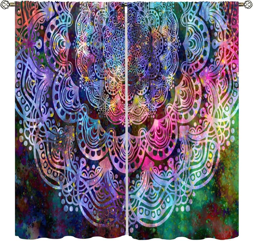 Galaxy Mandala Bedroom Curta - Boho Geometric Colorful Pattern - W42 * L45 Inches