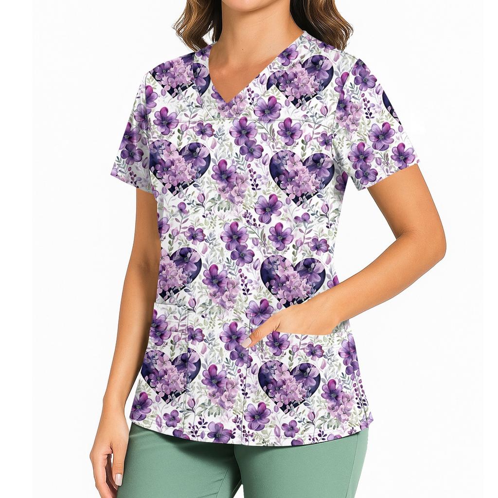 Kvinners avslappet trykket V-hals lomme sideslisse kortarmet topp kortarmet topp