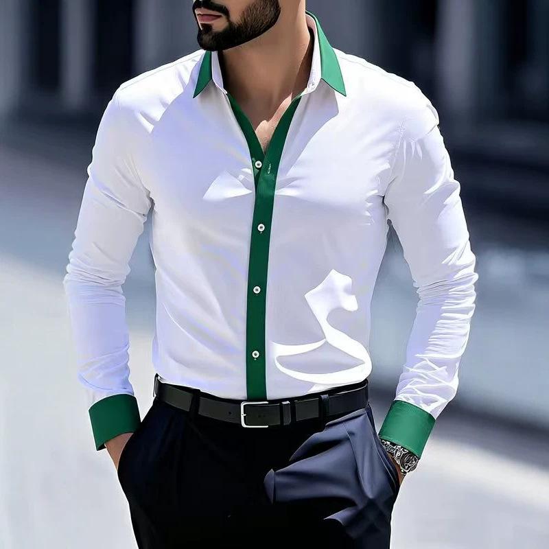 

Men s Contrast Color Long Sleeve Dress Shirt, Business Casual Button Down Shirt, Formal Office Tops with Color Block Collar & Cuffs L зелёный