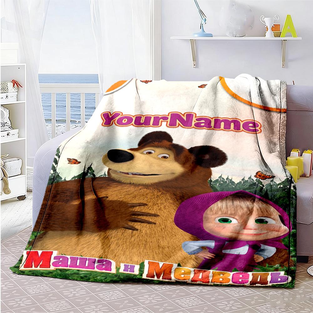 Masha Bear Personalized Name Blanket Lightweight Personalized Blanket Soft & Cozy Suitable for Livingroom Bedding Couch Office All-Season Use