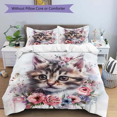 3pcs Appealing Kitten & Flower Print Cover Set Ultra Soft, Breathable, and Comfortable Bedding with Stylish Design for Bedroom and Guest Room Dec
