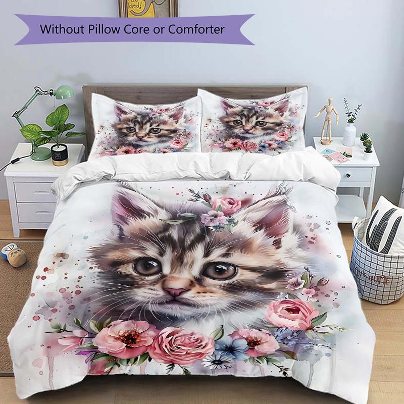 

3pcs Appealing Kitten & Flower Print Cover Set Ultra Soft, Breathable, and Comfortable Bedding with Stylish Design for Bedroom and Guest Room Dec 135x200cm