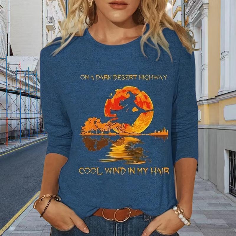 Tops For Women Landscape Tree Print Round Neck Long Sleeve T-shirt Fall Casual Slim Pullover Women's Long Sleeve Top