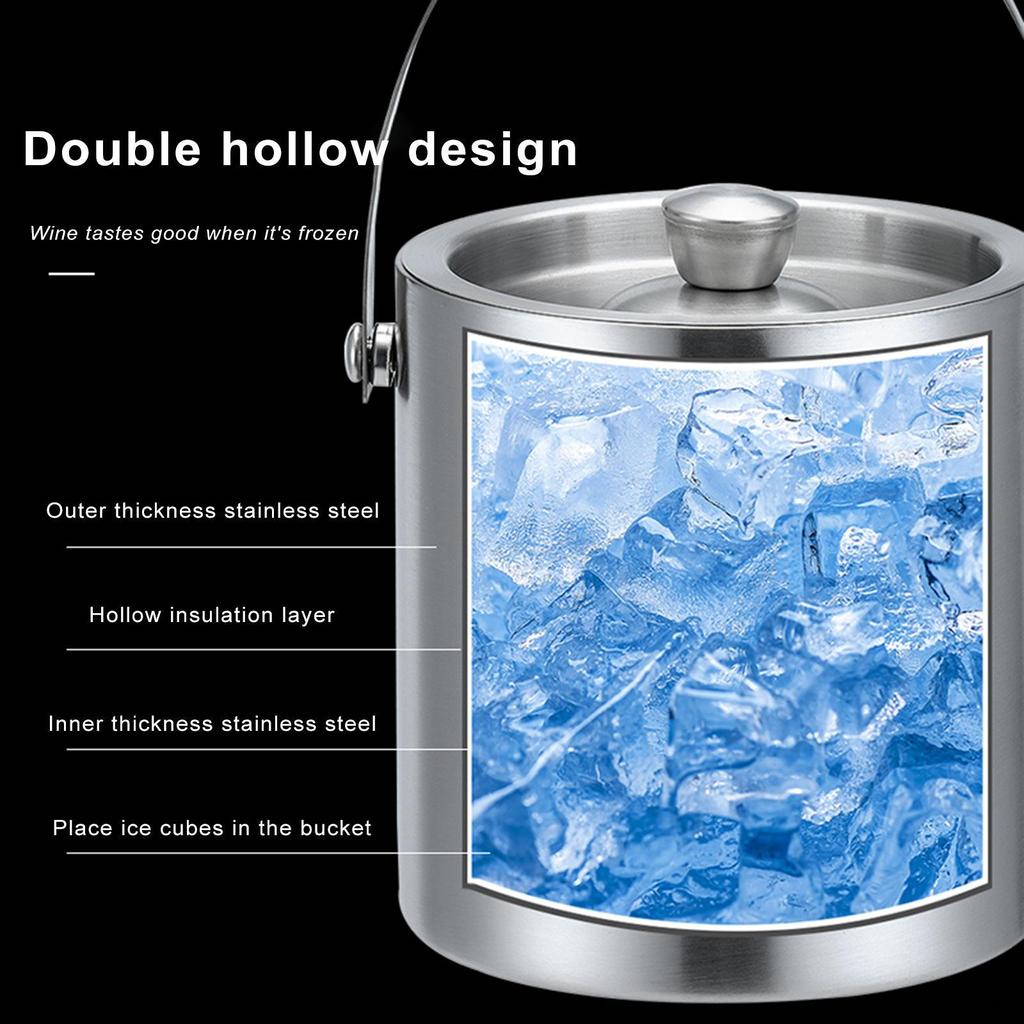 Stainless Steel Insulated Ice Bucket with Lid,Carry leather Handle,Great for home and bar, Chilling