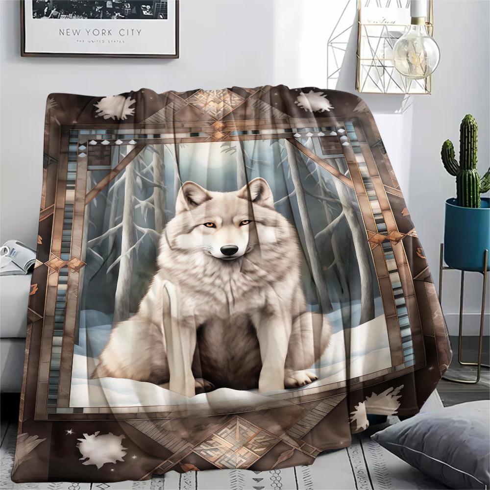 1Pc Natvie Wolf Print Flannel Blanket, High quality Comfortable for All Seasons, Home Decor, Warmth and Comfort, Perfect for Christmas Gifts