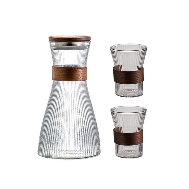Japanese Style Glass Cold Water Jug Walnut Sleeve Heat Resistant Vertical Stripes Coffee Pot Juice Pitcher Tea Pot