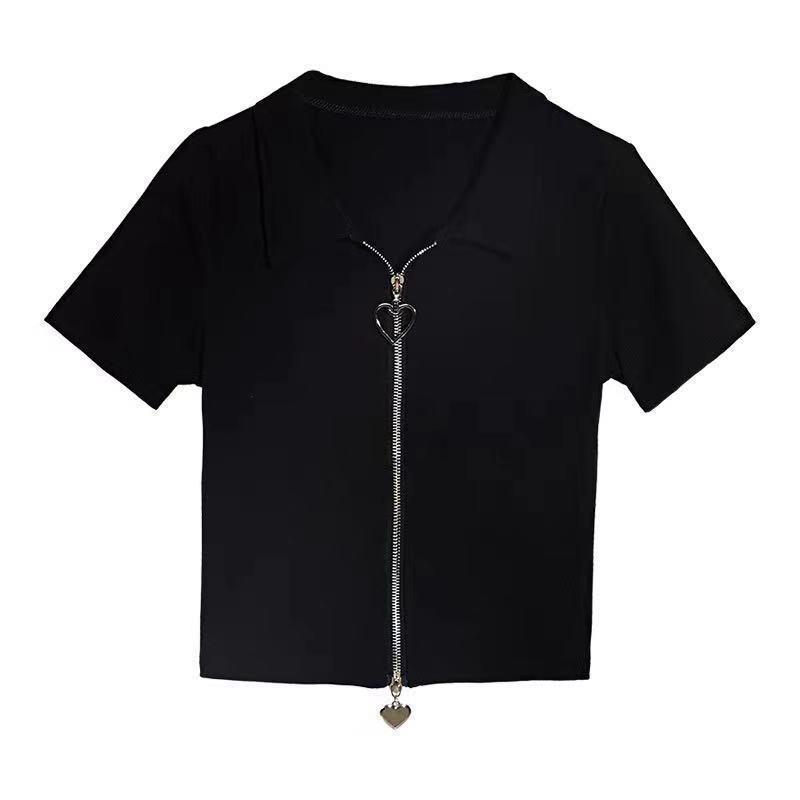 

Тонкий и облегающий топ с короткими рукавами и высокой талией, лето, новый дизайн на молнии, нишевая футболка для женщин XL чёрный