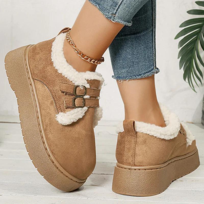 Fashion Thick Sole Plush Winter Cotton Shoes Women Fashion Belt Buckle Platform Fur Snow Boots Woman Warm Fleece Lining Ankle Boots 42