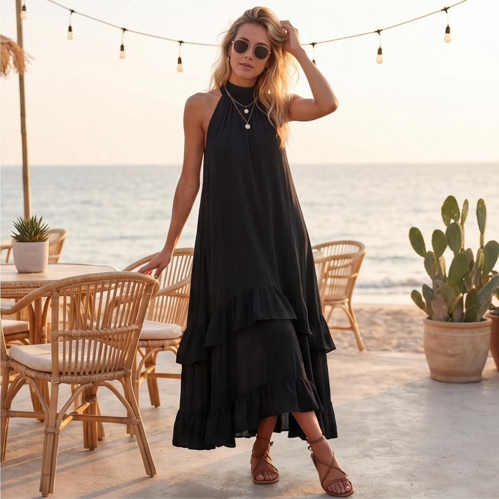 Women's Summer Retro Elegant Casual Round Neck Sleeveless Ruffled Midi Beach Dress