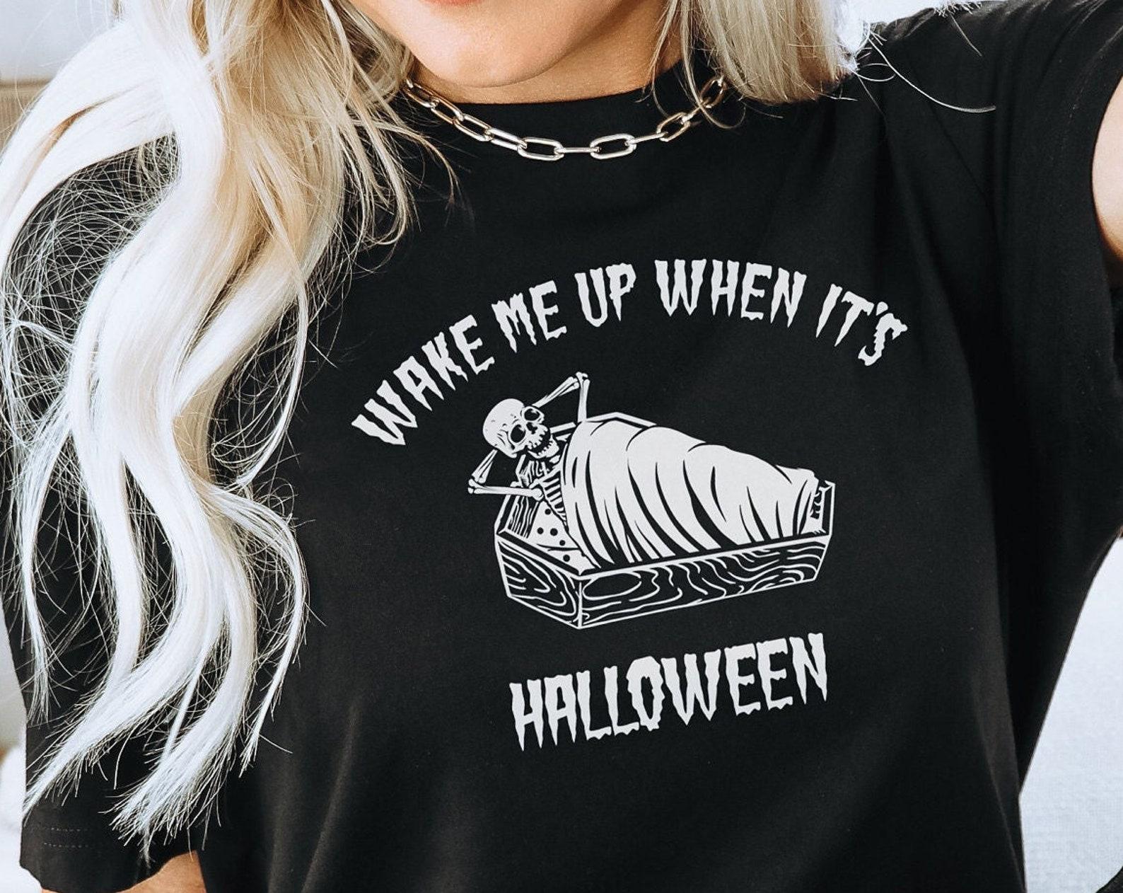 Funny Skeleton T-Shirt: Wake Me Up When It s Halloween Coffin Graphic, Soft Cotton Unisex S