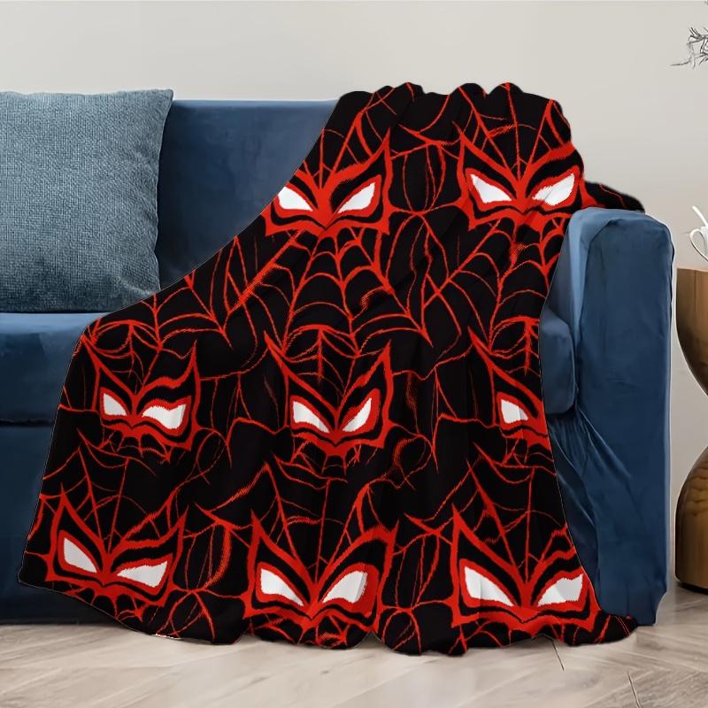 Spider Mask Web Print Throw Blanket, Black?Red Spiderweb Pattern Soft Warm Flannel Blanket for Sofa Bedroom Home Decor