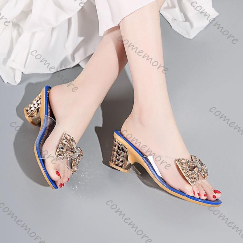 Comemore New Summer Outside Wear Versatile Medium Thick Heel Slippers Women's Shoes Casual Rhinestone Bow Flip Flops Ladies Shoe