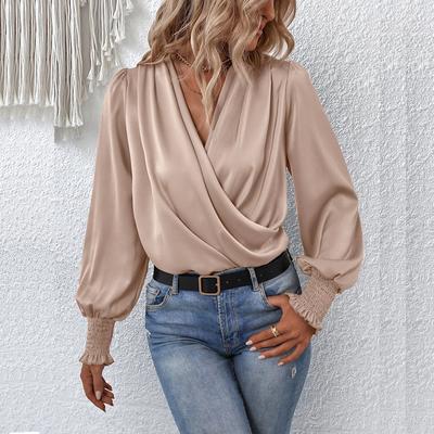 Camicia elegante da donna in tinta unita con temperamento con maniche a palloncino e scollo a V