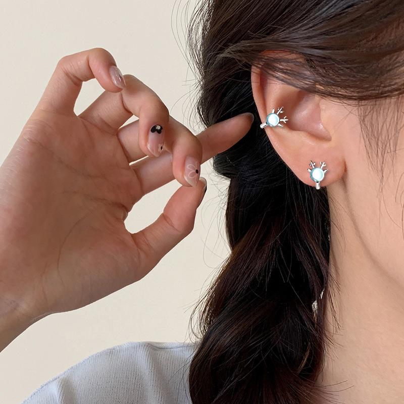 Reindeer Antler Blue Zircon Ear Cuff - Transparent Clip for Students & Best Friends, Christmas Gift