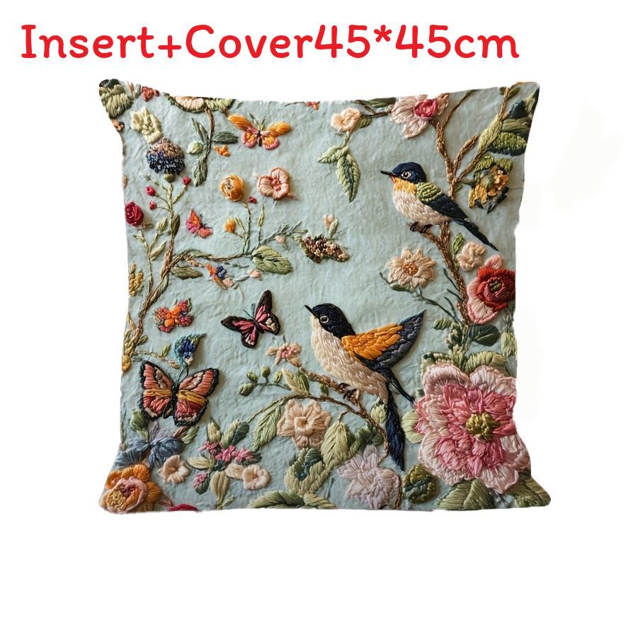 Funda de Cojín de Terciopelo Bordada con Pájaro y Mariposa Floral Para Decoración de Sala de Estar
